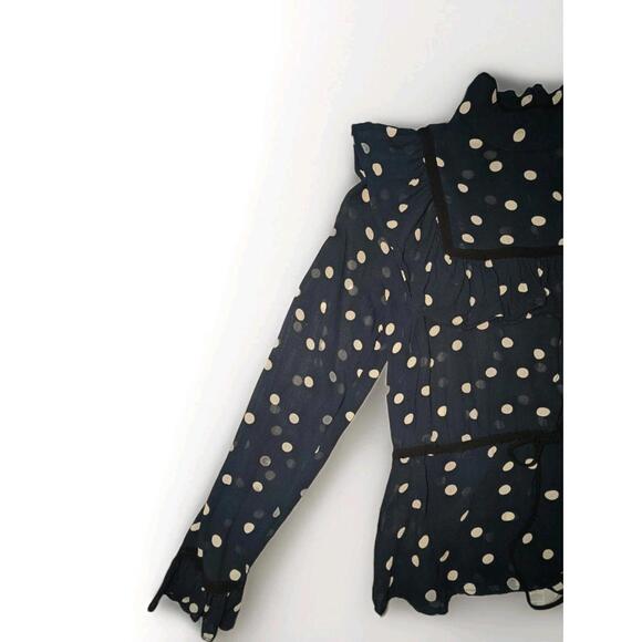 GANNI Georgette Polka Dot Sheer Ruffle Blouse Size: 36/Small Parisian Coquette - Picture 10 of 14